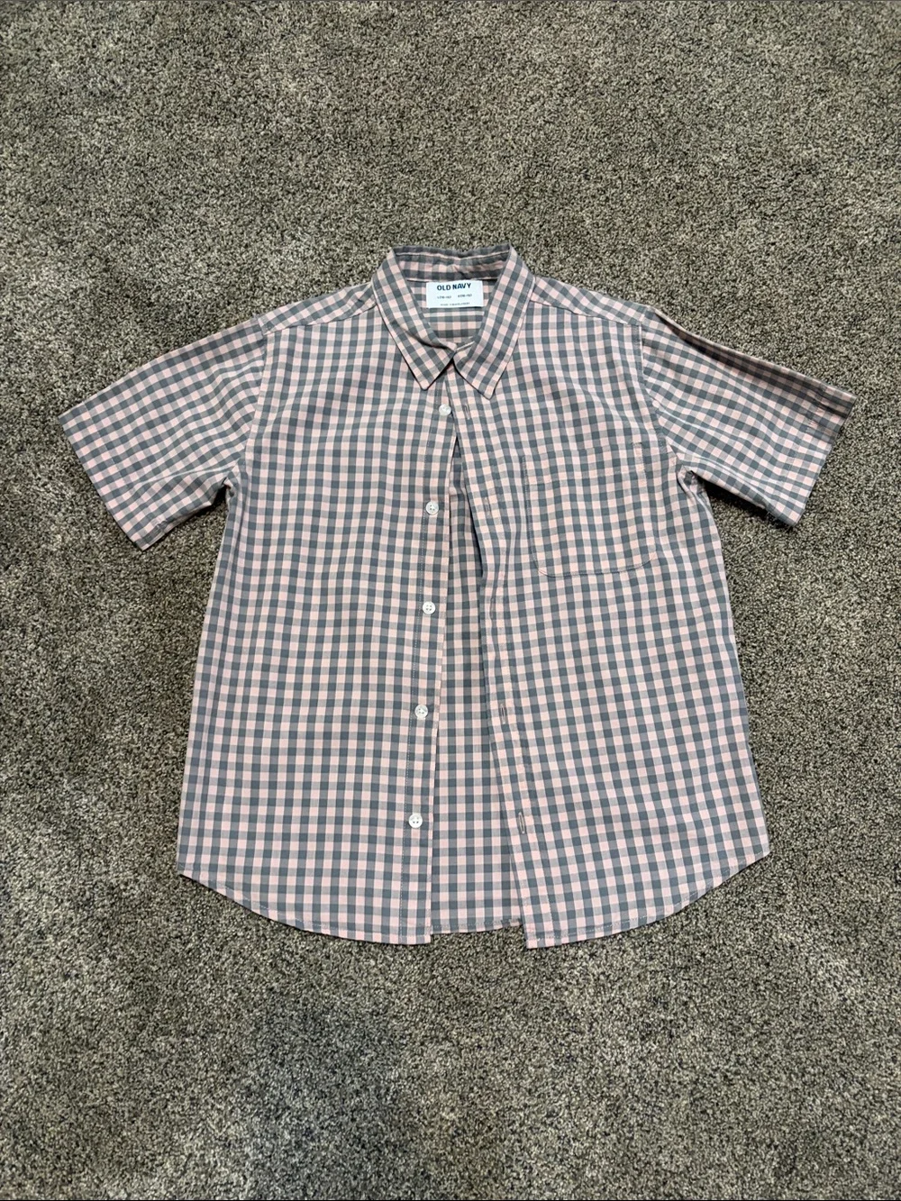 Boys Old Navy Short-Sleeve Button-Up Shirt in Pink and Gray Gingham Size L 10-12